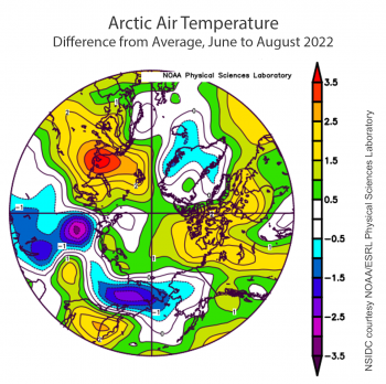 Figure 2X. This plot shows the departure from average air temperature in the Arctic at the 925 hPa level, in degrees Celsius, for XXXmonthXX 20XX. Yellows and reds indicate higher than average temperatures; blues and purples indicate lower than average temperatures.||Credit: NSIDC courtesy NOAA Earth System Research Laboratory Physical Sciences Laboratory| High-resolution image 