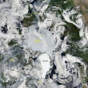 Figure 3. This true color composite image from the NASA Moderate Resolution Imaging Spectroradiometer (MODIS) on July 16 shows the North Pole at the center of the image, with Greenland pointing down. ||Credit: NASA Worldview |High-resolution image