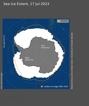 Figure 4b. Antarctic sea ice extent for July 17, 2023 was 13.45 million square kilometers (5.19 million square miles). The orange line shows the 1981 to 2010 average extent for that day. Sea Ice Index data. About the data||Credit: National Snow and Ice Data Center|High-resolution image