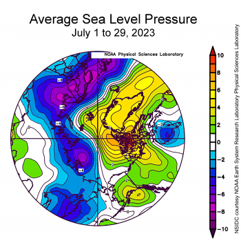 Sea level pressure for Arctic July 2023