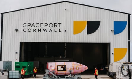 The nosecone of the Virgin Orbit rocket, before launch, outside the Spaceport in Cornwall.