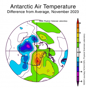 Air temperatures over Antarctica as a difference from average for November 2023