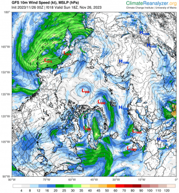 Wind speed and direction in Arctic on November 26, 2023