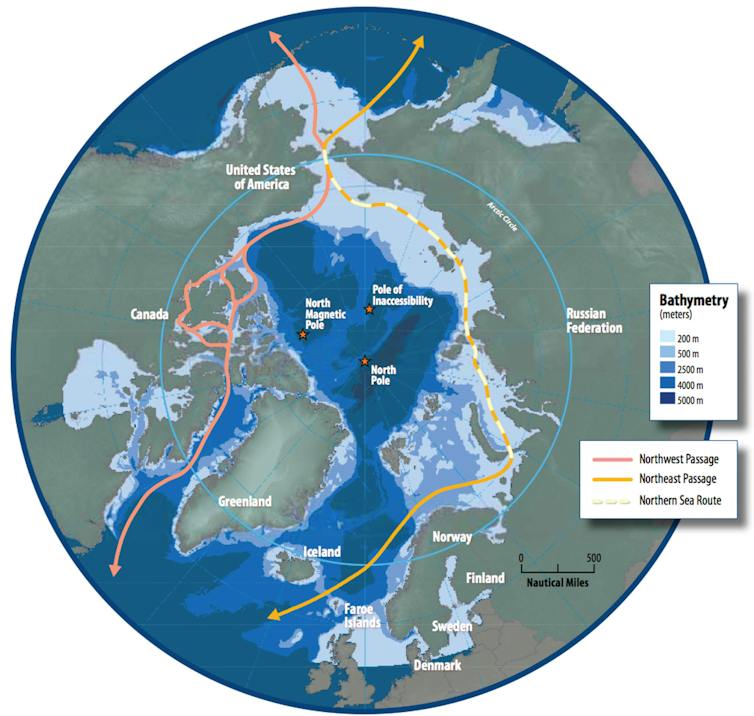 A map of the Arctic region showing the Northern Sea route and the North-west Passage.