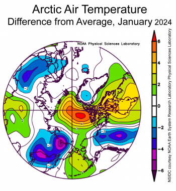 Arctic air temperature for January 2024 as difference from long-term average