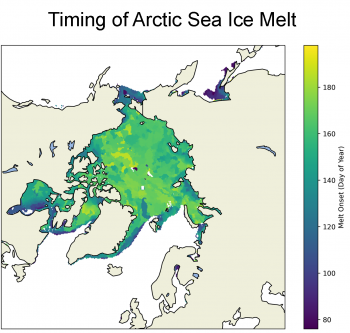 Figure 3a. This map shows the date of sea ice melt onset in the Arctic for the 2024 melt season. Shades in red depict sea ice melt up to 30 days earlier than average, while shades in blue depict melt up to 30 days later than average. ||Credit: J. Strove, NSIDC; data courtesy J. Miller, NASA Goddard |High-resolution image