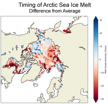 melt onset as difference from average for Arctic 2024