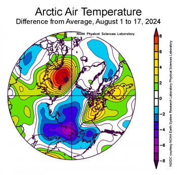 Air temperature anomaly August 1 to 18, 2024