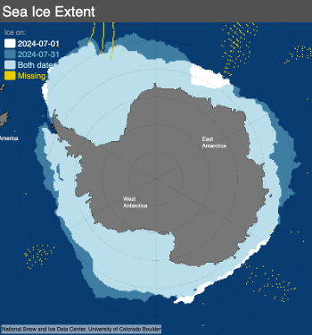 sea ice extent map showing areas of sea ice at the beginning and end of July