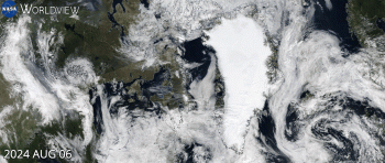 This NASA Worldview image shows how smoke from Canadian wildfires moves through the Arctic from August 6 to 12, 2024. ||Credit: NASA Worldview|High-resolution image 