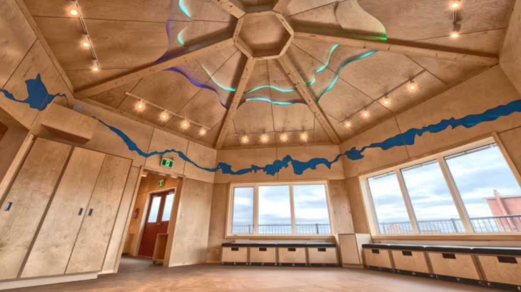 Inside Kuugalaaq, Cambridge Bay’s new cultural centre. In designing the space, those involved spoke to local elders and asked them how they remember feeling in traditional gathering spaces. (Kitikmeot Heritage Society)