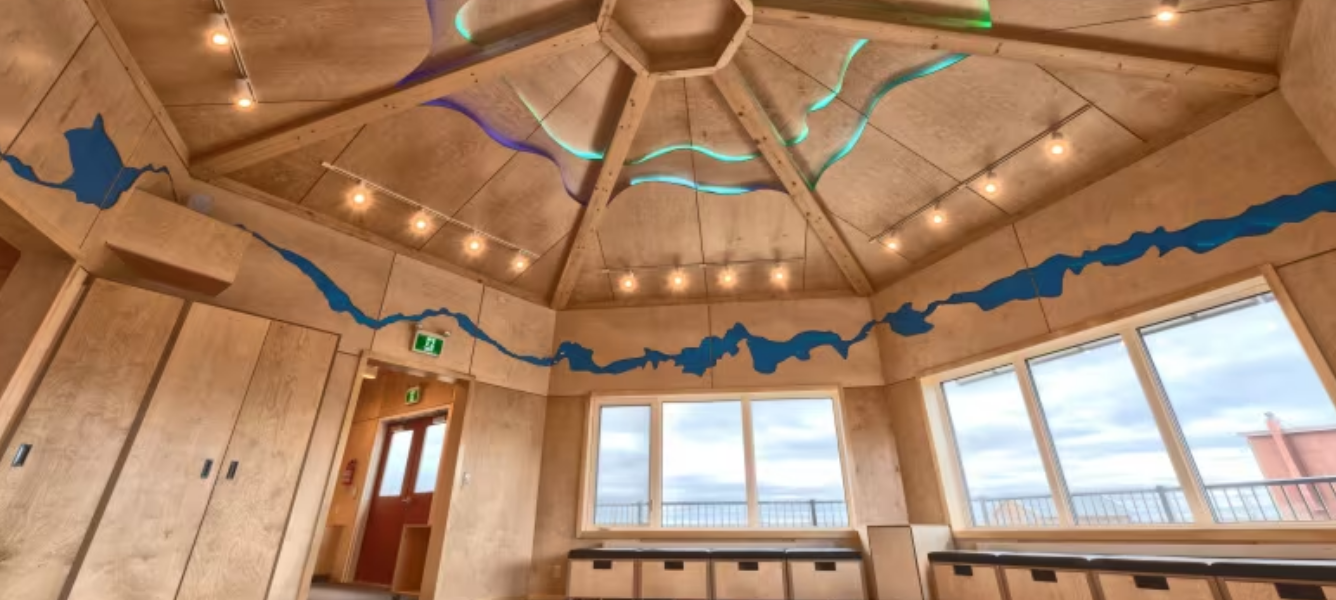 Inside Kuugalaaq, Cambridge Bay’s new cultural centre. In designing the space, those involved spoke to local elders and asked them how they remember feeling in traditional gathering spaces. (Kitikmeot Heritage Society)