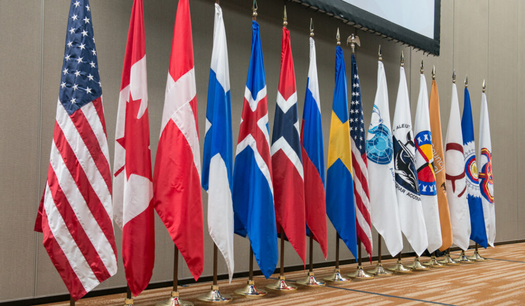 The flags of all members of the Arctic Council. Since Russia’s invasion of Ukraine, most of its work has been put to a hault. Photo: Linnea Nortstroem, Arctic Council