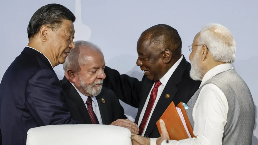 (From L to R) President of China Xi Jinping, President of Brazil Luiz Inacio Lula da Silva, South African President Cyril Ramaphosa and Prime Minister of India Narendra Modi at the 2023 BRICS Summit in Johannesburg on 24 August 2023. Marco Longari/AFP