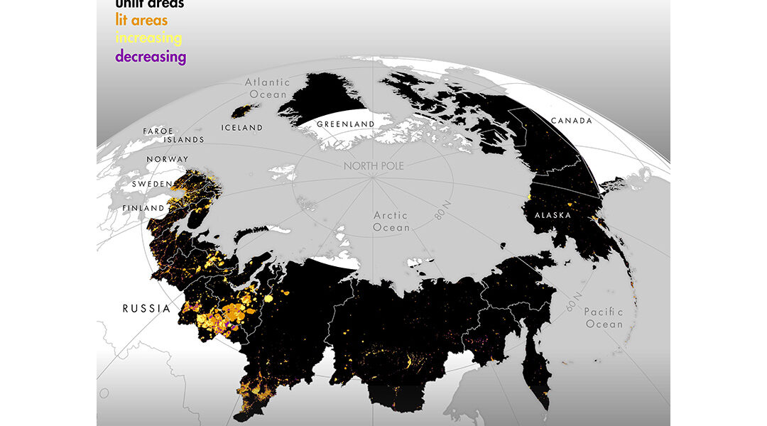 The pan-arctic map illustrates the extent of human activity at night. Color coding: black – unlit, orange – lit, yellow – increasing illumination, purple – decreasing illumination. Map: Cengiz Akandil, University of Zurich; Natural Earth