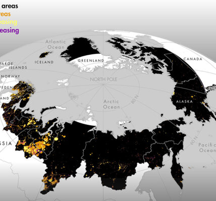 The pan-arctic map illustrates the extent of human activity at night. Color coding: black – unlit, orange – lit, yellow – increasing illumination, purple – decreasing illumination. Map: Cengiz Akandil, University of Zurich; Natural Earth