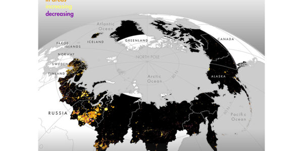 The pan-arctic map illustrates the extent of human activity at night. Color coding: black – unlit, orange – lit, yellow – increasing illumination, purple – decreasing illumination. Map: Cengiz Akandil, University of Zurich; Natural Earth