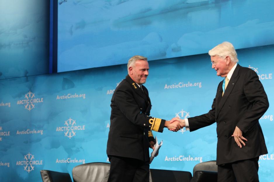 Admiral Rob Bauer, Chair of the Military Committee of the North Atlantic Treaty Organization was welcomed by Ólafur Ragnar Grímsson, chair of the Arctic Circle Assembly, for the third and final time. (Photo: Trine Jonassen)