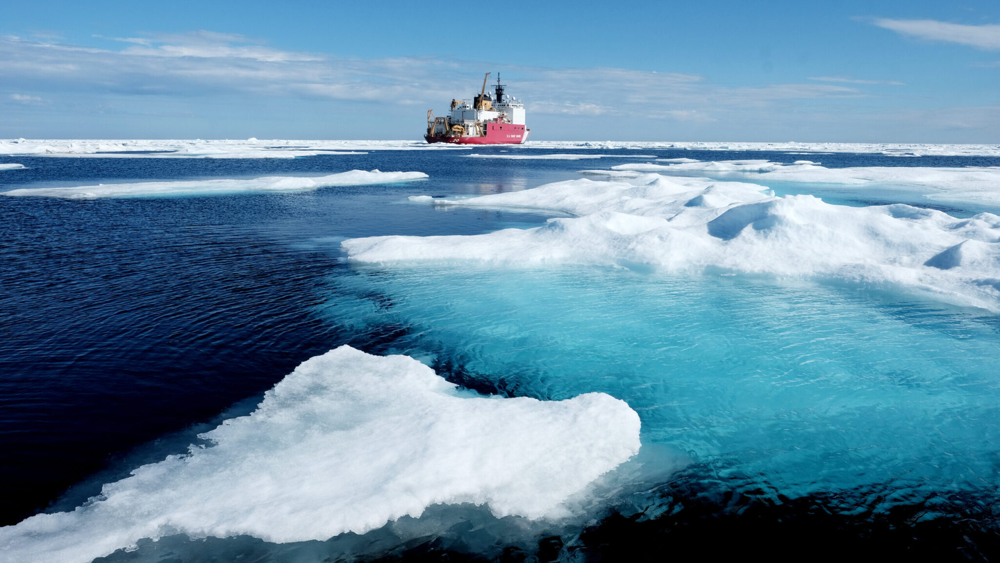 ARCTIC OCEAN, AK – JULY 29: Ice floes surround the U.S. Coast Guard Cutter Healy in the Arctic Ocean on July 29, 2017. The cutter is the largest icebreaker in the Coast Guard and serves as a platform for scientific reseach. (Photo by Bonnie Jo Mount/The Washington Post via Getty Images)