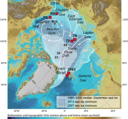 Fig. 1. Map of the Arctic Ocean with locations of sites referred to in the text. The limits of sea ice in September (1980–2001 median and extremes of 2007 and 2012) are drafted based on the data from the Snow and Ice Data Center (29). The background map is from the International Bathymetric Chart of the Arctic Ocean (58). White arrows indicate major surface currents and sea ice rafting routes. The large red squares show the location of cores used for the triptych of Fig. 5 (see Table 1).