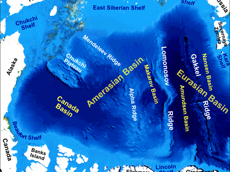 Russia is gathering scientific evidence to claim sovereign rights over the unclaimed Gakkel Ridge, which runs across the Arctic Ocean from the northern tip of Greenland to Siberia. (Image courtesy of Mikenorton via Wikipedia Commons)