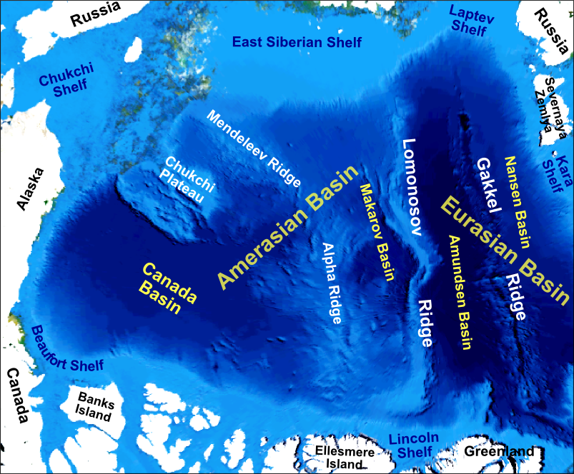 Russia is gathering scientific evidence to claim sovereign rights over the unclaimed Gakkel Ridge, which runs across the Arctic Ocean from the northern tip of Greenland to Siberia. (Image courtesy of Mikenorton via Wikipedia Commons)