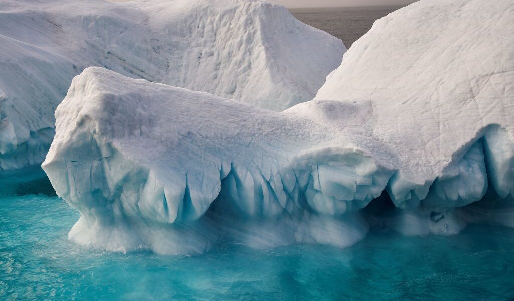 Icebergs are seen in the Arctic Ocean off the Franz Josef Land archipelago on August 20, 2021. (Ekaterina Anisimova/AFP via Getty Images)