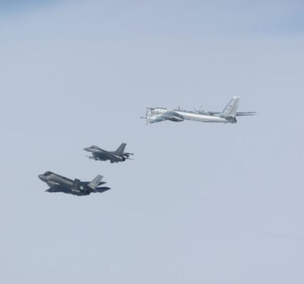 Two CF-18 Hornets, two F-35 Lightning II, and two F-16 Fighting Falcons fighter aircraft from NORAD positively identified and intercepted two Russian TU-95 and two PRC H-6 military aircraft operating in the Alaska Air Defense Identification Zone, July 24, 2024. Department of Defense Photo