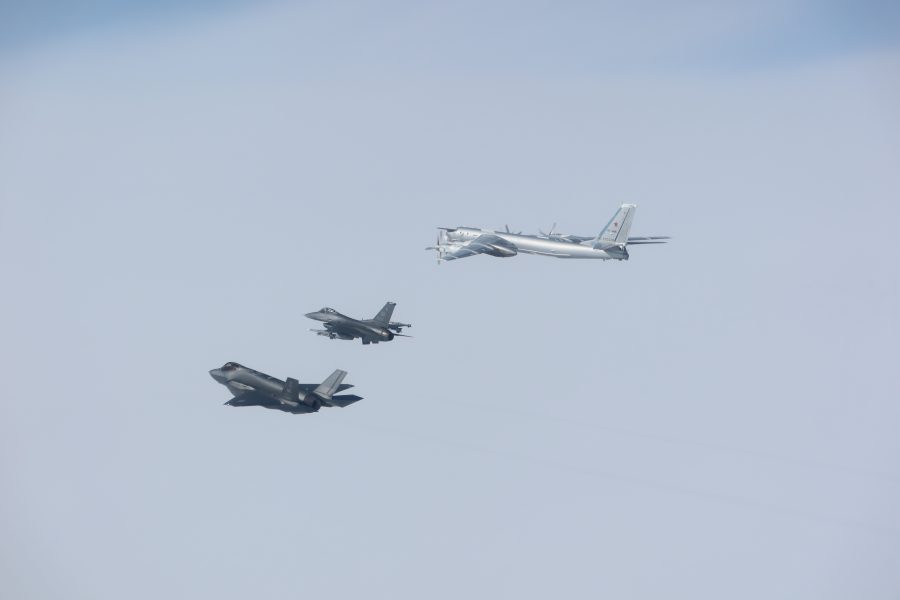 Two CF-18 Hornets, two F-35 Lightning II, and two F-16 Fighting Falcons fighter aircraft from NORAD positively identified and intercepted two Russian TU-95 and two PRC H-6 military aircraft operating in the Alaska Air Defense Identification Zone, July 24, 2024. Department of Defense Photo