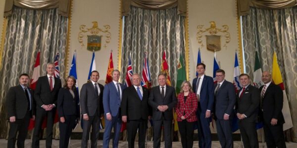 From left to right, Premier of Nunavut P.J. Akeeagok, Premier of the Northwest Territories R.J. Simpson, Premier of Alberta Danielle Smith, Premier of Manitoba Wab Kinew, Premier of Nova Scotia Tim Houston, Premier of Ontario Doug Ford, Premier of Québec François Legault, Premier of New Brunswick Susan Holt, Premier of British Columbia David Eby, Premier of Saskatchewan Scott Moe, Premier of Newfoundland and Labrador Andrew Furey, and Premier of Yukon Ranj Pillai, pose for a group photograph before speaking to reporters at the Mayflower Hotel in Washington, Wednesday, Feb. 12, 2025. THE CANADIAN PRESS/AP-Ben Curtis