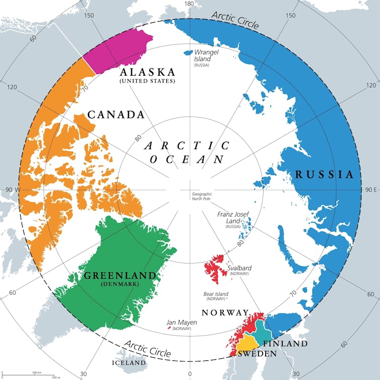 Map of Arctic circle showing interested countries in the region.