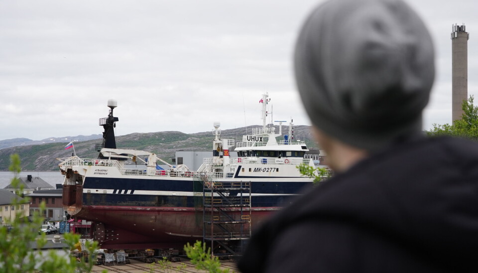 Looking at the Russian fishing vessel at a shipyard in Kirkenes