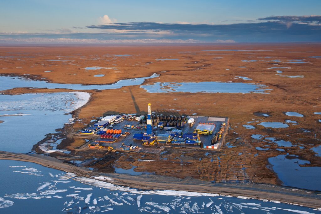 One of the oil drill pads at the edge of the Arctic Refuge just west of the Canning River delta. Oil companies have pushed for opening the Arctic Refuge to the east of the Canning River for oil development. Canning River Delta, Alaskan Arctic. Source: alaskawild.org