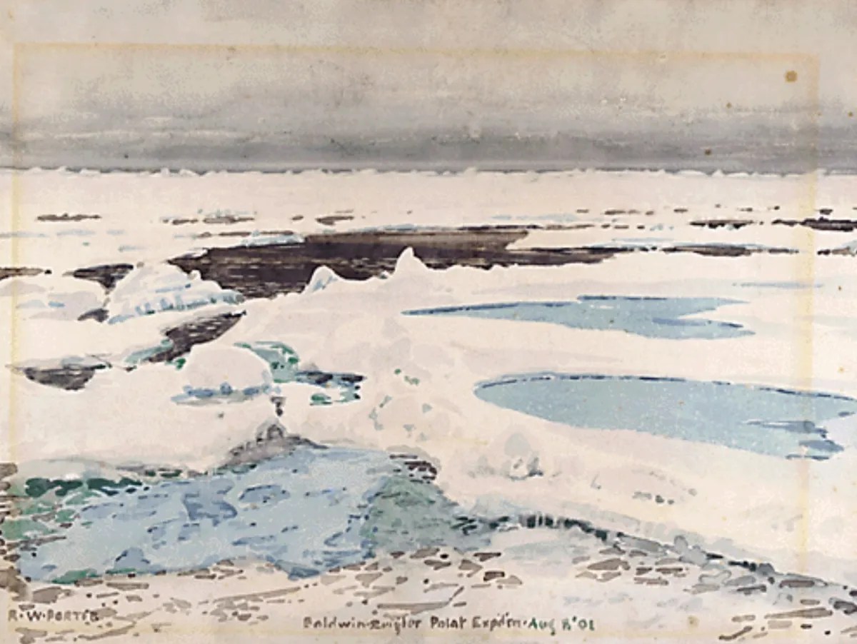 A landscape of icy terrain with patches of open water and snow, depicting an arctic or polar region under a cloudy sky.