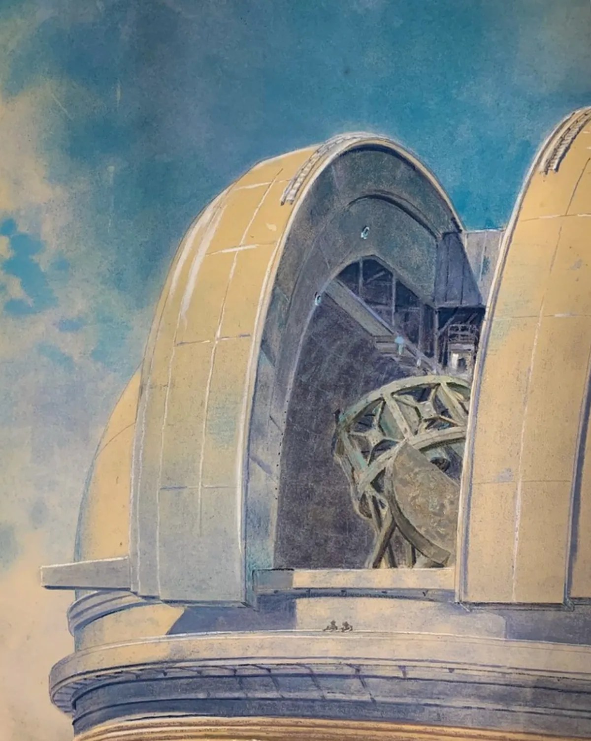 A large observatory dome with its roof partially open, revealing a telescope inside, set against a blue sky.