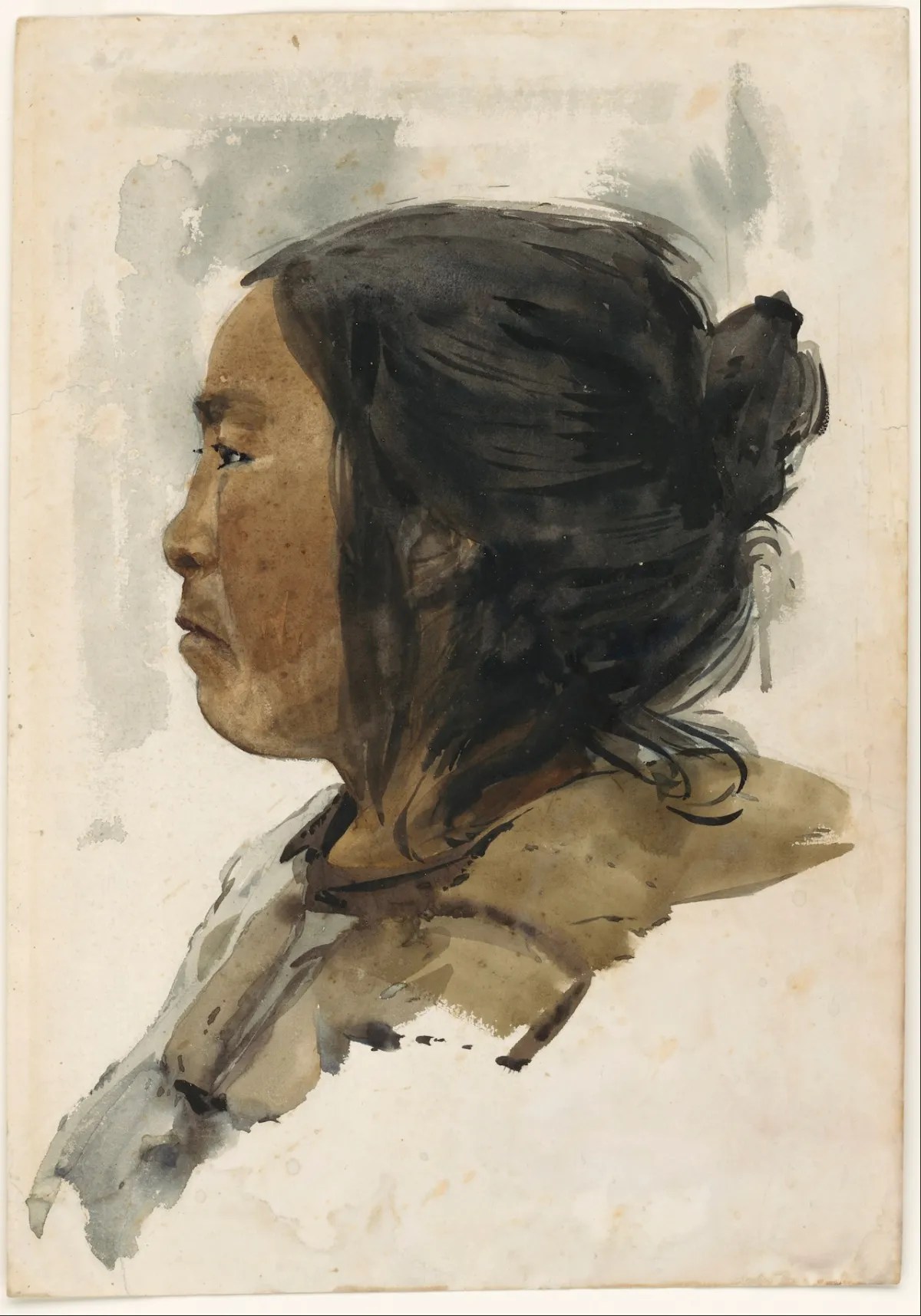 Watercolor portrait of a person with dark hair in a bun, shown in profile facing left, on a plain background.