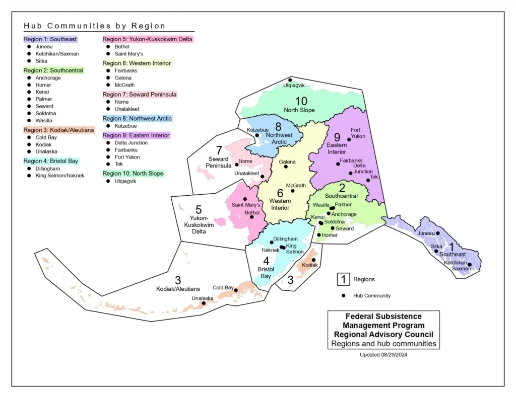 A map of the U.S. Federal Subsistence Management Program Regional Advisory Council Regions and hub communities as established by ANILCA in 1980. Photo: U.S. Federal Subsistence Management Program Regional Advisory Council