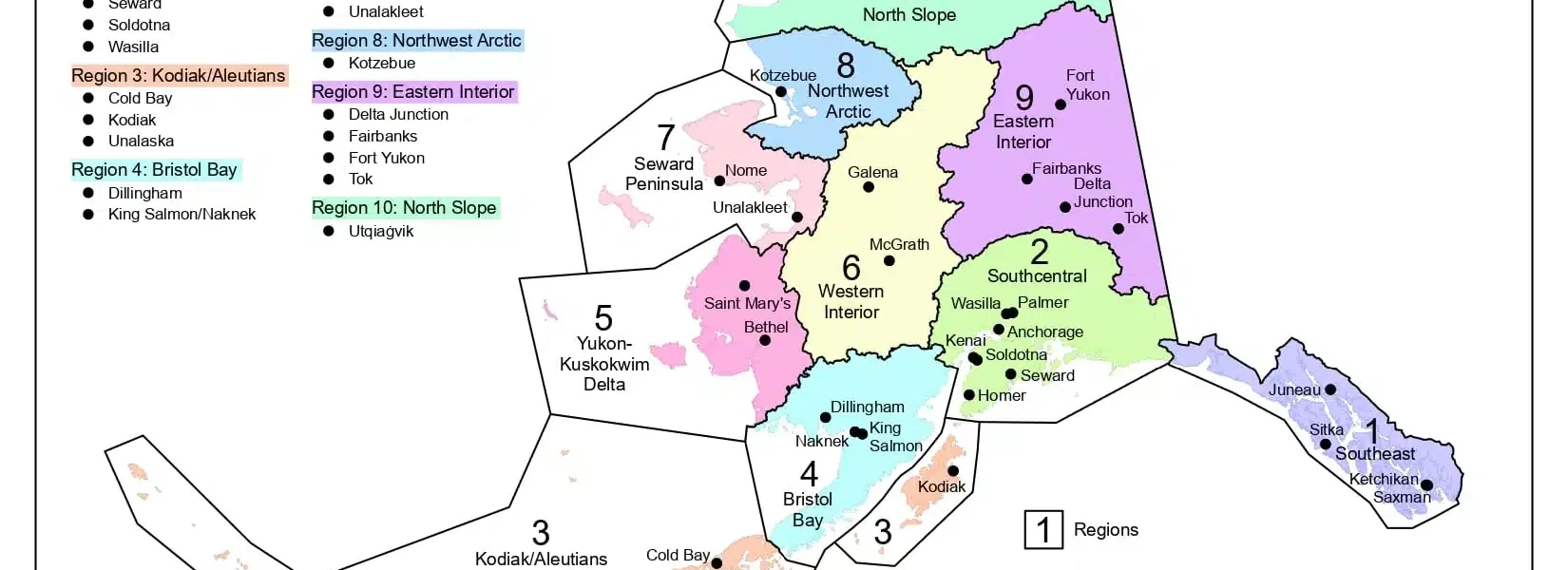 A map of the U.S. Federal Subsistence Management Program Regional Advisory Council Regions and hub communities as established by ANILCA in 1980. Photo: U.S. Federal Subsistence Management Program Regional Advisory Council