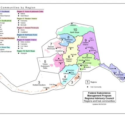 A map of the U.S. Federal Subsistence Management Program Regional Advisory Council Regions and hub communities as established by ANILCA in 1980. Photo: U.S. Federal Subsistence Management Program Regional Advisory Council