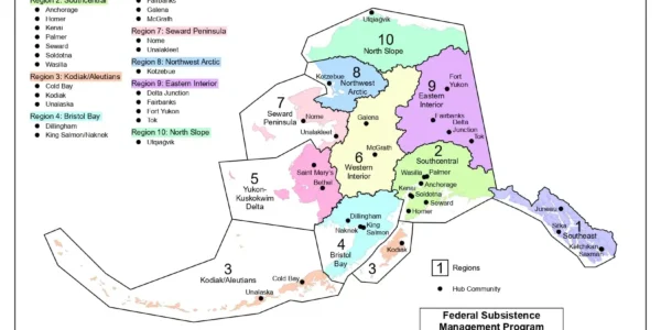 A map of the U.S. Federal Subsistence Management Program Regional Advisory Council Regions and hub communities as established by ANILCA in 1980. Photo: U.S. Federal Subsistence Management Program Regional Advisory Council