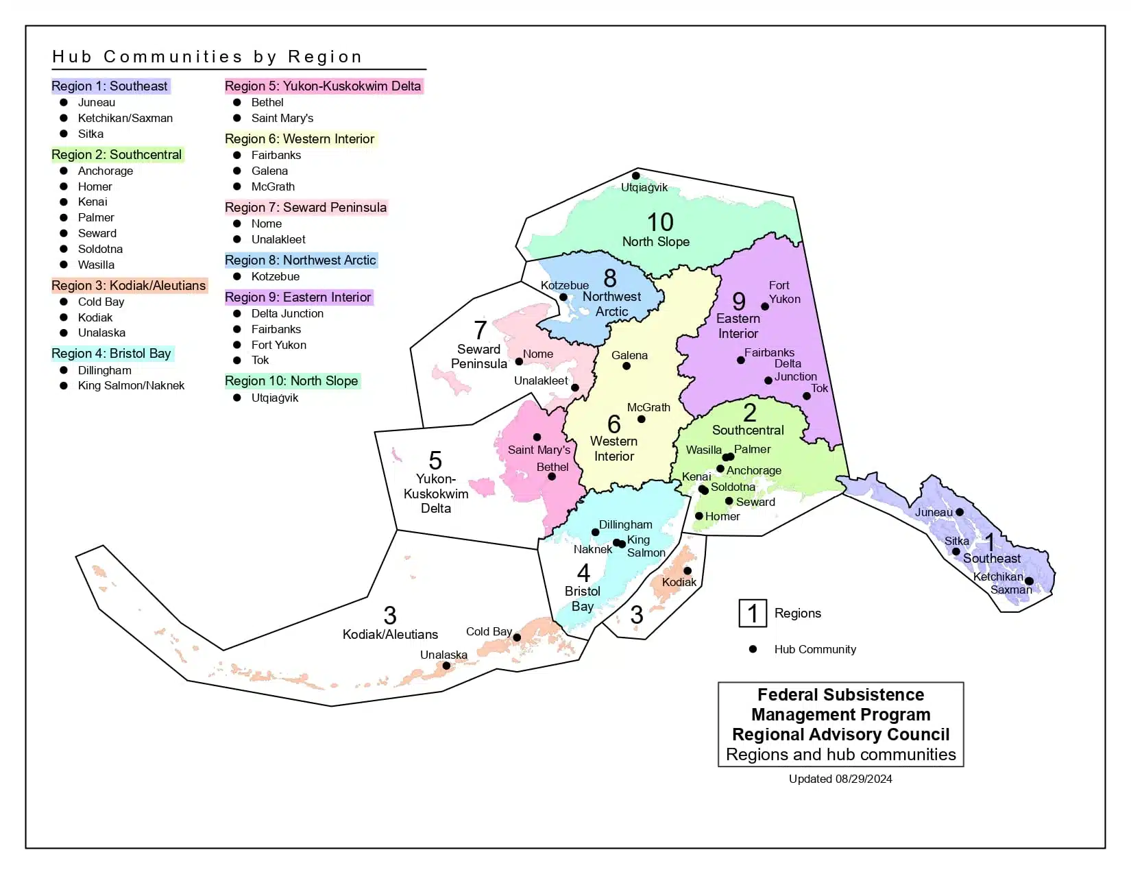 A map of the U.S. Federal Subsistence Management Program Regional Advisory Council Regions and hub communities as established by ANILCA in 1980. Photo: U.S. Federal Subsistence Management Program Regional Advisory Council