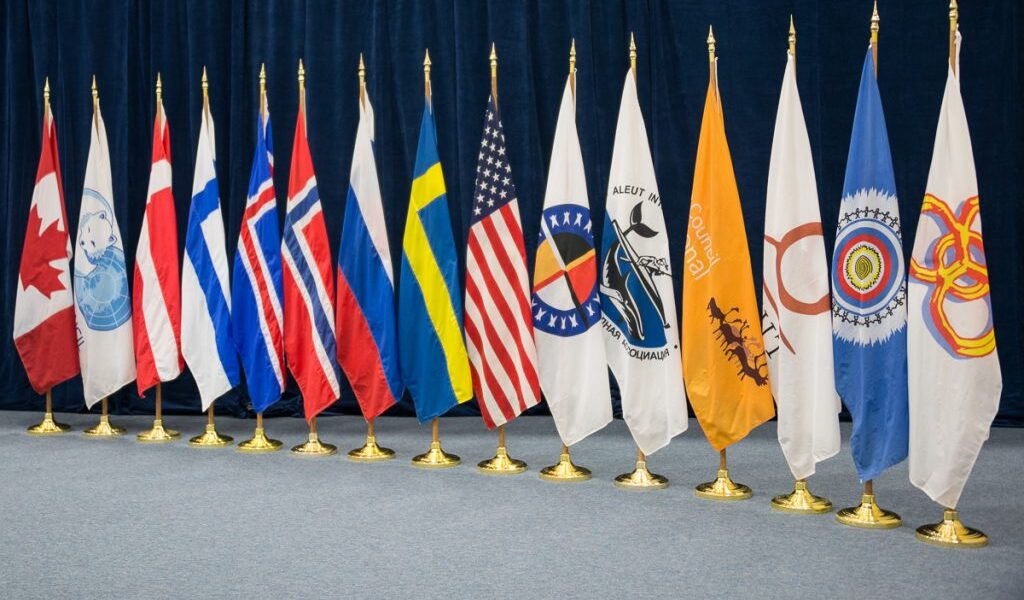 The flags of the Arctic Council member states and the six Arctic indigenous groups. (Linnea Nordström/Arctic Council Secretariat)