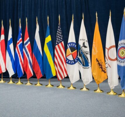 The flags of the Arctic Council member states and the six Arctic indigenous groups. (Linnea Nordström/Arctic Council Secretariat)