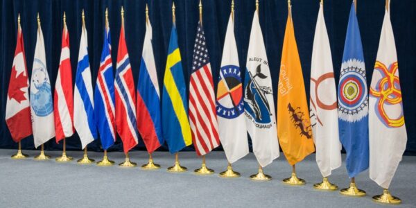 The flags of the Arctic Council member states and the six Arctic indigenous groups. (Linnea Nordström/Arctic Council Secretariat)