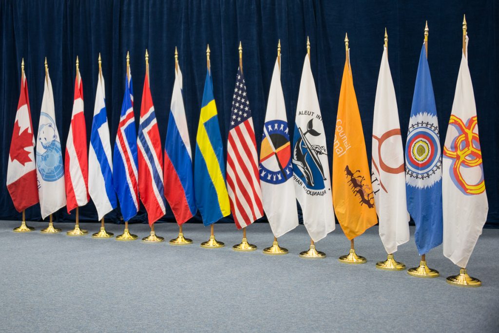 The flags of the Arctic Council member states and the six Arctic indigenous groups. (Linnea Nordström/Arctic Council Secretariat)