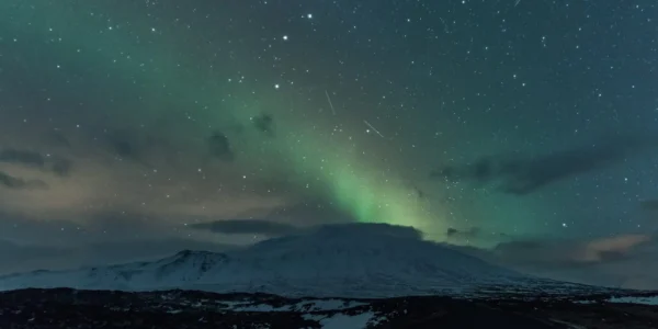 Meteor shower and Northern Lights over Snæfellsnes glacier, Iceland. Photo: Diana Robinson