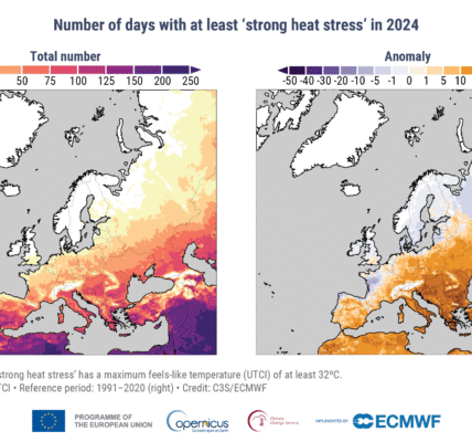 Number of days with at least ‘strong heat stress’ in 2024, and associated anomalies, relative to the average for the 1991–2020 reference period. A day with ‘strong heat stress’ has a maximum feels-like temperature, based on the Universal Thermal Climate Index (UTCI), of at least 32°C. Data: ERA5-HEAT. Credit: C3S/ECMWF.