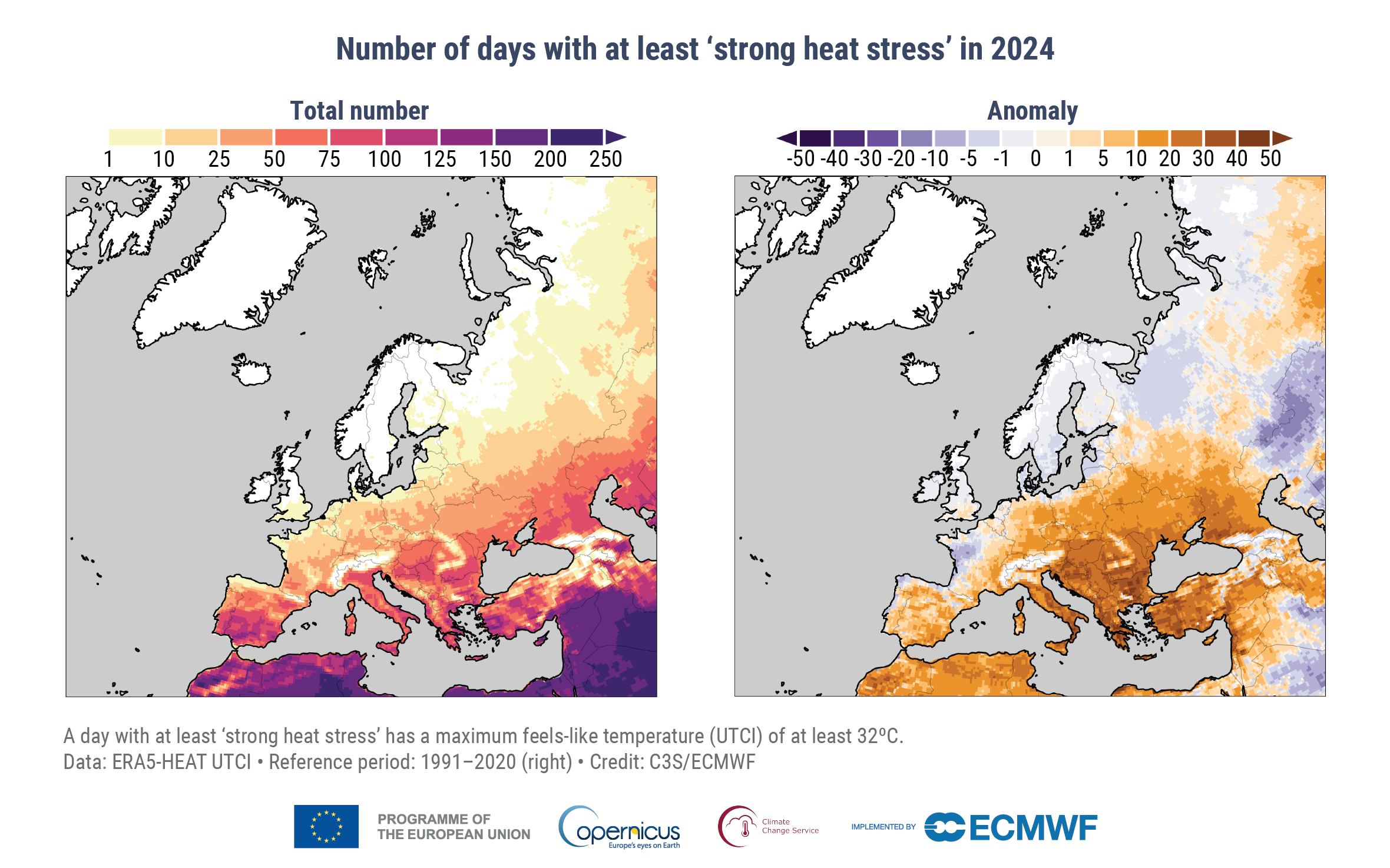 Number of days with at least ‘strong heat stress’ in 2024, and associated anomalies, relative to the average for the 1991–2020 reference period. A day with ‘strong heat stress’ has a maximum feels-like temperature, based on the Universal Thermal Climate Index (UTCI), of at least 32°C. Data: ERA5-HEAT. Credit: C3S/ECMWF.