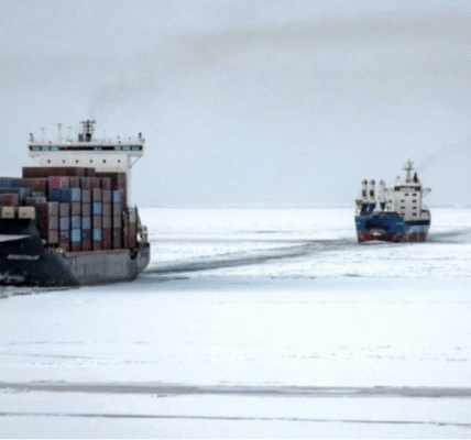 China’s NewNew Polar Bear in a convoy on the Northern Sea Route during eastbound voyage in October 2023. (Source: Rosatomflot)
