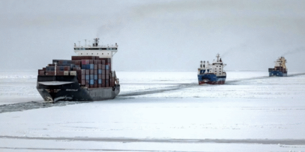 China’s NewNew Polar Bear in a convoy on the Northern Sea Route during eastbound voyage in October 2023. (Source: Rosatomflot)